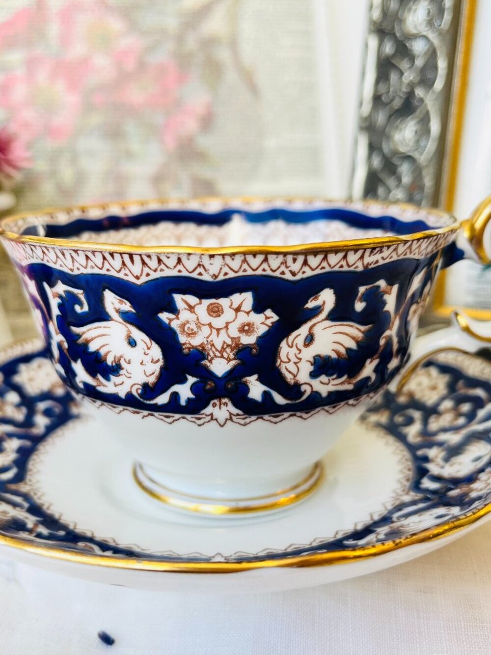 Vintage Teacup and Saucer in Cobalt Blue Griffins - Crown Staffordshire Ellsmere
